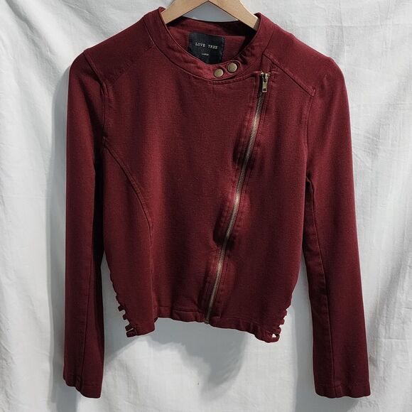 Love Tree Maroon Women's Moto Military Cropped zip front jacket open sides large - Picture 1 of 6